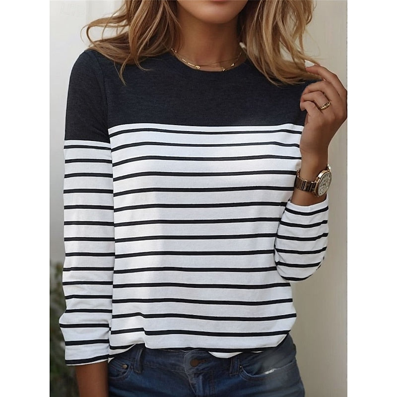 Close-up of black and white striped long sleeve top with color block yoke